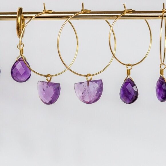 Amethyst Drop Huggie Earrings Waterproof Gold Dangle Earrings Genuine Gemstone - Picture 4 of 7